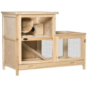 2-Tier Wooden Hamster Cage, Small Animals Hutch, w/ Seesaw, Tray (Option: Natural Wood-1050x510x180 mm)