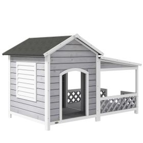 Wooden Dog House Outdoor with Porch, Cabin Style Raised Dog Shelter with Asphalt Roof, Doors, and Shutter Window, for Medium Large Sized Dog, Li (Option: Light Gray-1070x870x160 mm)
