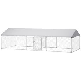 Two Room Outdoor Dog Kennel, Dog Run with Roof, Waterproof UV-Resistant Cover, Secure Lock, 19.7' x 7.5' x 5.2' (Option: Silver-1290x415x280 mm)