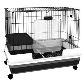 2-Level Small Animal Cage Rabbit Hutch with Wheels, Removable Tray, Platform and Ramp for Bunny, Chinchillas, Ferret, Black (Option: Black-870x600x270 mm)