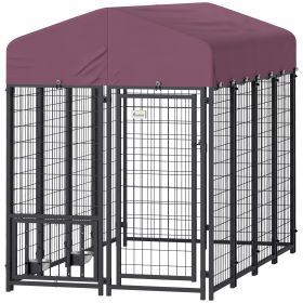 Welded Wire Outdoor Dog Kennel with 360° Rotating & 4 Levels Adjustable Bowls, Waterproof Cover, 7.9' x 4' x 6' (Option: Red-1445x620x290 mm)