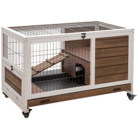 Indoor Rabbit Enclosure, on Wheels, Indoor Bunny Cage Small Animal House with Pull Out Tray Casters Ramp, 35.5" x 21" x 23", Brown (Option: Brown-955x575x180 mm)