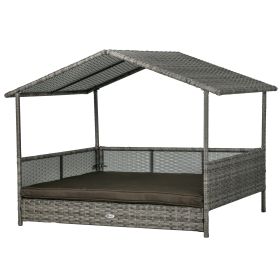 Outdoor Dog Bed with Canopy, Rattan Dog Bed with Soft Cushion Removable Cover for Medium and Large Dogs, Charcoal Gray (Option: Charcoal Gray-1020x200x845 mm)