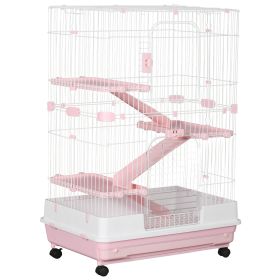 32"L 4-Level Small Animal Cage Rabbit Hutch with Wheels, Slide-out Tray for Bunny, Chinchillas, Ferret, Pink (Option: Pink-864x602x305 mm)