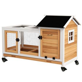 Wooden Rabbit Hutch with Wheels, Run, Slide-out Tray for Small Animals, Guinea Pig, Yellow (Option: Yellow-1060x555x200 mm)