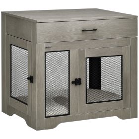 Dog Crate Furniture with Soft Water-Resistant Cushion, Dog Kennel End Table with Drawer, Puppy Crate for Small Dogs Indoor with 2 Doors, Gray (Option: Grey-930x830x215 mm)