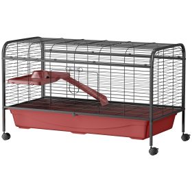 48" L Small Animal Cage, Pet Play House for Rabbit Hutch or Ferret with Feeder, Rolling Wheels, Platform, Ramp (Option: Red and Black-1270x250x650 mm)