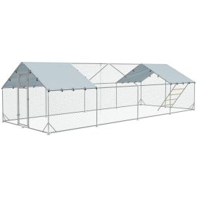 Metal Chicken Run w/ Waterproof & Anti-UV Cover, Feeding Door, Hanging Feeder, for 24-30 Chickens, 9.8' x 26.2' x 6.4' (Option: Silver-2030x390x180 mm)