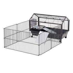 Rolling Metal Rabbit, Guinea Pig, or Small Animal Hutch Cage with Main House and Run (Option: Black and Beige-930x240x515 mm)