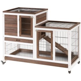Wooden Rabbit Hutch Elevated Bunny Cage Indoor Small Animal Habitat with Enclosed Run with Wheels, Ramp, Removable Tray for Rabbits, Chickens, D (Option: Brown-1105x220x630 mm)