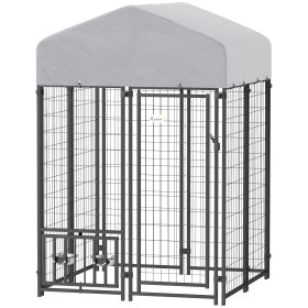 Welded Wire Outdoor Dog Kennel with 360° Rotating & 4 Levels Adjustable Bowls, Waterproof Cover, 3.9' x 3.9' x 6' (Option: Silver-1585x625x190 mm)