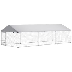Outdoor Dog Kennel with Adjustable & Rotatable Bowl Rack, Waterproof Cover, Secure Lock, 19.7' x 7.5' x 5.2' (Option: Silver-1290x420x290 mm)