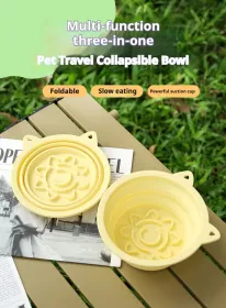 3-in-1 Pet Travel Collapsible Bowl Foldable Slow-Feeder With Strong Suction Cups  Portable Silicone Dog Bowl With Hook For Hanging On Collar/Back (Option: Blue-450ml)