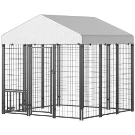 5.9' x 5.9' x 6' Outdoor Dog Kennel with Roof, Rotating & 4-Level Adjustable Bowls (Option: Silver-1440x620x275 mm)